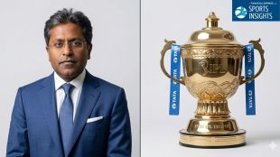 A split-screen portrait featuring IPL founder Lalit Modi in a professional blue suit on the left and the golden Indian Premier League trophy on the right, set against a clean, neutral background.