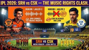 IPL 2026 split graphic for SRH vs CSK "The Music Rights Clash," contrasting SRH's owned music with CSK's legally blocked music under Anirudh's waveforms.