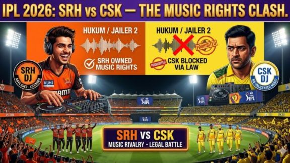 IPL 2026 split graphic for SRH vs CSK "The Music Rights Clash," contrasting SRH's owned music with CSK's legally blocked music under Anirudh's waveforms.