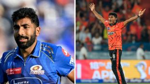 A split-screen image comparing Jasprit Bumrah and Sakib Hussain during IPL 2026. The left panel is a close-up of a smiling Jasprit Bumrah in his Mumbai Indians jersey. The right panel is a full-length photo of Sakib Hussain of Sunrisers Hyderabad celebrating with his arms raised after taking a wicket in front of a packed stadium.