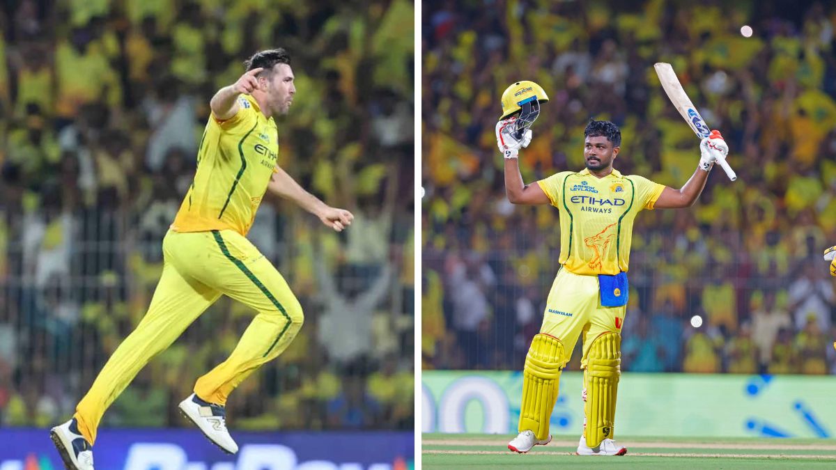 Sanju Samson (CSK) celebrating his 115* and Jamie Overton (CSK) bowling at Chepauk during the IPL 2026 match against Delhi Capitals. Sanju Samson (CSK) celebrating his 115* and Jamie Overton (CSK) bowling at Chepauk during the IPL 2026 match against Delhi Capitals.