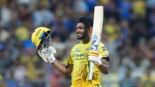 Sanju Samson celebrates his second IPL 2026 century which he hit against the Mumbai Indians at the Wankhede in Mumbai on April 23, 2026.