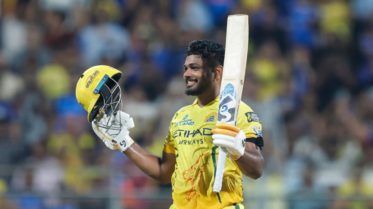 Sanju Samson celebrates his second IPL 2026 century which he hit against the Mumbai Indians at the Wankhede in Mumbai on April 23, 2026. Sanju Samson celebrates his second IPL 2026 century which he hit against the Mumbai Indians at the Wankhede in Mumbai on April 23, 2026.