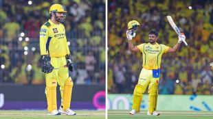 A side-by-side comparison of MS Dhoni and Sanju Samson in CSK jerseys; illustrating the "No Dhoni No Worry" theme following Samson's tactical performance and century vs DC in IPL 2026.
