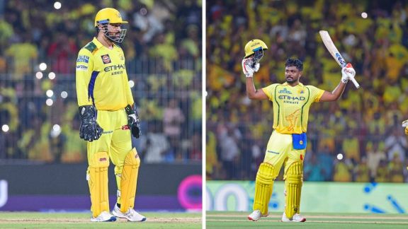 A side-by-side comparison of MS Dhoni and Sanju Samson in CSK jerseys; illustrating the "No Dhoni No Worry" theme following Samson's tactical performance and century vs DC in IPL 2026.