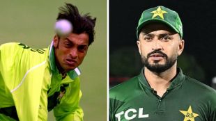 A two-panel graphic featuring Shoaib Akhtar and Mohammad Nawaz in Pakistan team jerseys. The left panel shows a young Shoaib Akhtar in a bright green kit during his delivery stride, with a cricket ball blurred in the foreground. The right panel is a portrait of Mohammad Nawaz wearing a dark green Pakistan cap and matching polo shirt.
