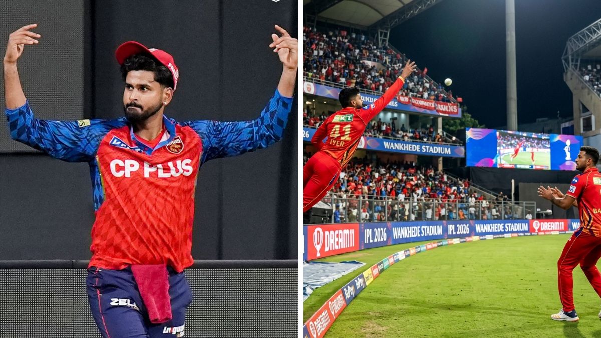 A two-panel montage of Shreyas Iyer: (Left) his confident "swag" celebration after taking the catch, and (Right) the in-action shot of his airborne horizontal leap to complete the relay catch at the boundary rope. A two-panel montage of Shreyas Iyer: (Left) his confident "swag" celebration after taking the catch, and (Right) the in-action shot of his airborne horizontal leap to complete the relay catch at the boundary rope.