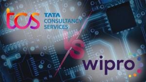 A high-contrast financial infographic comparing TCS’s 25.3% operating margin against Wipro’s 17.3% margin alongside their AI deal pipelines.