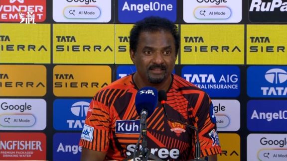 Image shows Sri Lankan legend Muttiah Muralidaran during a post-match press conference during IPL 2026 MI vs SRH match where he said that fair wickets, which will also favour the bowlers, would make the games boring or people watching.