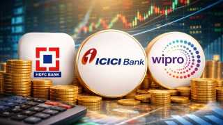 A professional financial calendar showing logos of HDFC Bank, ICICI Bank, and Wipro with "Q4 Results" and "Dividend" highlighted in bold.
