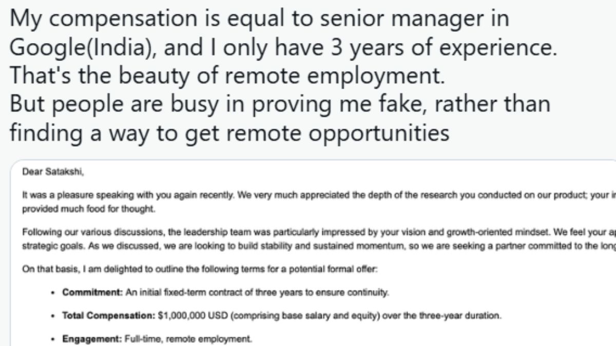 Remote job debate after techie claims ₹9.2 crore salary with 3 years’ experience on X Remote job debate after techie claims ₹9.2 crore salary with 3 years’ experience on X