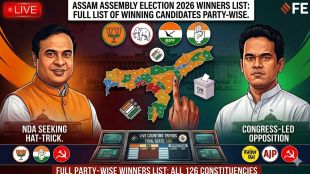 The image features a central illustrated map of Assam divided by numbered constituencies. On the left is a portrait of Himanta Biswa Sarma with the text "NDA SEEKING HAT-TRICK," and on the right is Gaurav Gogoi with the text "CONGRESS-LED OPPOSITION." The top displays a "LIVE" badge and logos for the BJP (Lotus), AGP (Elephant), BPF (Plough), and INC (Hand). A digital dashboard at the bottom shows a live counting tally for 126 seats alongside the Election Commission of India (ECI) logo and party icons for Raijor Dal and AJP.