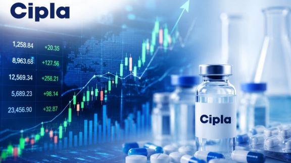A financial graphic showing the Cipla logo with a green 7.9% upward arrow, contrasted against a 55% profit decline chart, highlighting the diverging paths of earnings and share price.