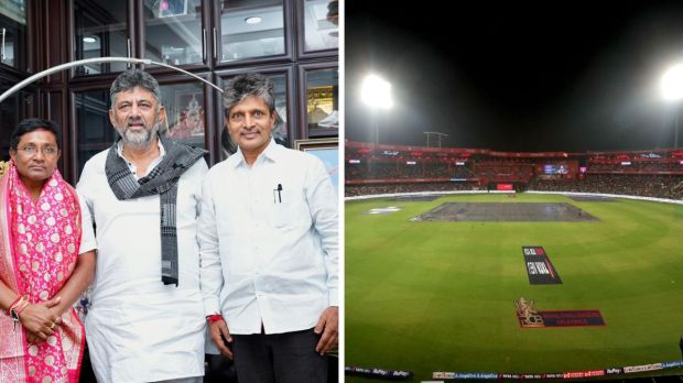 Split image shows Karnataka deputy chief minister DK Shivakumar with his political aides on left and the iconic M Chinnaswamy Stadium of Bengaluru on the right. Shivakumar spoke on reasons behind why the hosting rights of IPL 2026 final was snatched from Bengaluru.