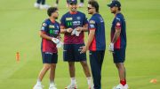 From left, Delhi Capitals' Kuldeep Yadav, Madhav Tiwari, Ashutosh Sharma and Nitish Rana during a practice session ahead of an Indian Premier League (IPL) 2026 T20 cricket match between Delhi Capitals and Kolkata Knight Riders, in New Delhi, Thursday, May 7, 2026. (Photo: PTI)