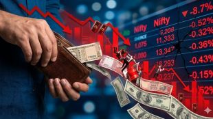A stressed floor trader in a digital financial center viewing a massive red screen tracking foreign institutional capital outflows from emerging equity markets.