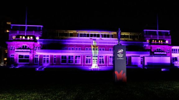 Image shows the ICC Women's T20 World Cup 2026 trophy at Lord's. The tournament has seen 145,000 tickets booked in advance.