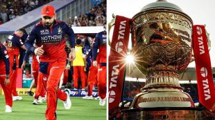 Image shows RCB in M Chinnaswamy Stadium and the IPL 2026 trophy as the playoff venues have been announced for this season.