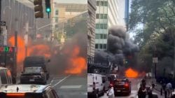 Dramatic car fire erupts steps away from Charging Bull in Lower Manhattan — Watch