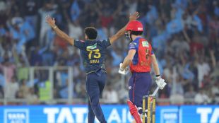 Image shows Gujarat Titans' Mohammed Siraj celebrating the wicket of PBKS batter during IPL 2026 Match 46