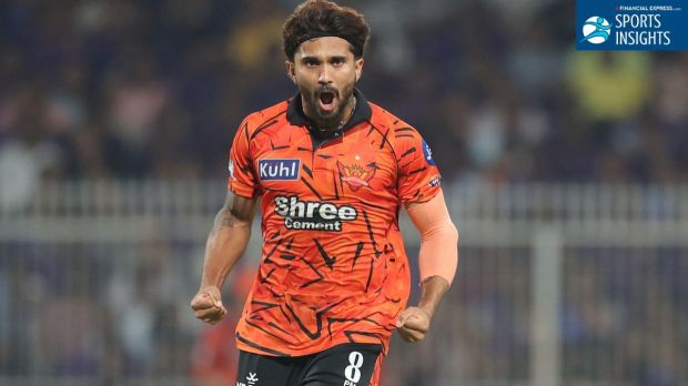 Image shows Sunrisers Hyderabad all-rounder Nitish Kumar Reddy showing aggression while bowling in IPL 2026.
