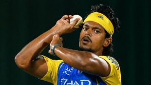 Image shows Ramakrishna Ghosh in bowling action ahead of his IPL 2026 debut.