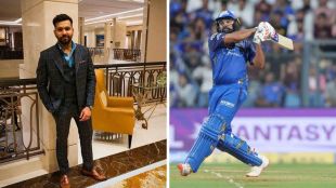 Tow frame image shows Rohit Sharma in a suit-boot and on the right playing for Mumbai Indians.