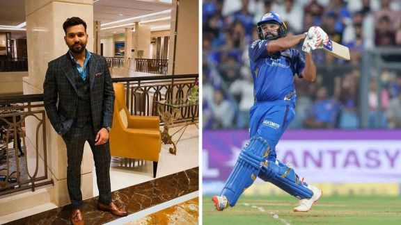 Tow frame image shows Rohit Sharma in a suit-boot and on the right playing for Mumbai Indians.