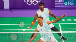 Image shows Indian Badminton doubles pair of Satwiksairaj Rankireddy and Chirag Shetty during a match.