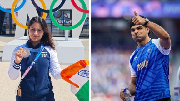 Two frame image shows Manu Bhaker and Neeraj Chopra as two players going abroad to train under TOPS scheme
