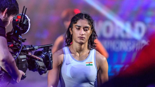 Vinesh Phogat with focus on her during World Championship. Photo:X