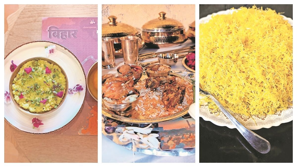 Ande ka halwa, a velvety dessert made with eggs, ghee, khoya and sugar (L); Mutanjan, a sweet-tasting mutton pulao that uses copious quantities of syrup and saffron, strewn with meat shreds (C) and Muttamala, a Malabari sweet dish from Kerala made by drizzling beaten egg yolks into boiling sugar syrup to create intricate golden strands (R) Ande ka halwa, a velvety dessert made with eggs, ghee, khoya and sugar (L); Mutanjan, a sweet-tasting mutton pulao that uses copious quantities of syrup and saffron, strewn with meat shreds (C) and Muttamala, a Malabari sweet dish from Kerala made by drizzling beaten egg yolks into boiling sugar syrup to create intricate golden strands (R)