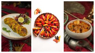 Corn tikki at Chor Bizarre (L), Firangipani tart at Haute Patisserie (C) , and Mangshor Malai Curry (R)