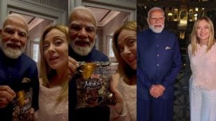 Split image showing PM Narendra Modi gifting a packet of Melody toffees to Italian PM Giorgia Meloni next to a volatile stock market ticker chart.
