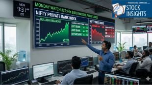 Stock market electronic display board screen showing green bullish trend tickers for major private banks alongside a dipping consumer goods sector chart.