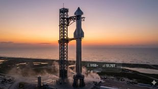 A realistic photograph of the massive SpaceX Starship rocket and Super Heavy booster standing on the launchpad at Starbase, Texas, during sunrise. Minimalist digital data overlays display two key figures: '$15B+' (representing development spend) and '$1.75T' (representing company valuation).