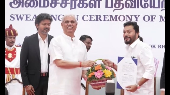 Tamil Nadu cabinet expansion: TVK and Congress MLAs sworn in as cabinet ministers in Lok Bhavan.