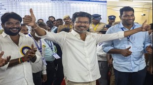 Tamilaga Vettri Kazhagam chief Vijay celebrates after winning in the Tamil Nadu Assembly elections results.