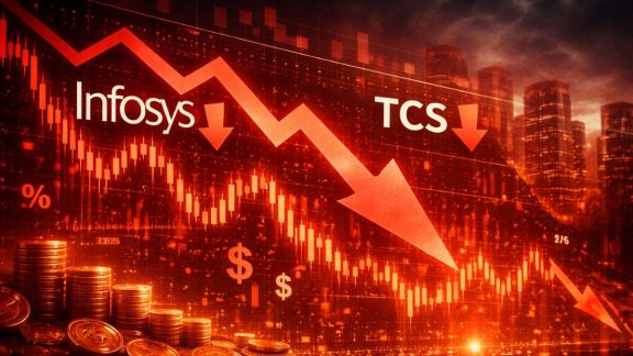 A red-dominated live trading terminal displaying the deep downward slide of the Nifty IT index, highlighting steep percentage losses for Infosys, TCS, and Tech Mahindra.