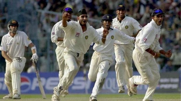 Harbhajan Singh celebrates his hat-trick with teammates at Eden Gardens against Australia in 2001. Photo: X