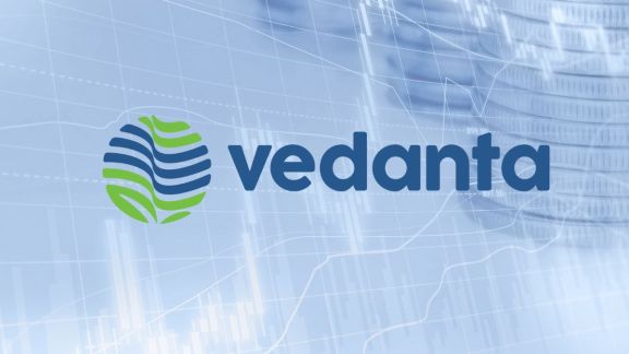 A sleek 3D graphic showing an automated industrial metal extraction facility alongside a large digital screen tracking 'VEDANTA SPECIAL PROMOTER DEAL' with a downward trendline stabilizing near data overlays for '6.5 CR SHARES SOLD' and 'Rs 1,895 CR VALUE'.