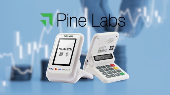 A glowing 3D visualization showing an interactive point-of-sale (POS) terminal processing a contactless payment, with an integrated data overlay displaying 'FINTECH BLOCK TRADING: PINE LABS', 'ACTIS EXITS ₹371 CR', and 'AXIS MUTUAL FUND BUYS ₹148 CR'.