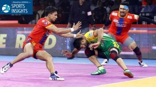 Kabaddi player Pradeep Narwal, also known as Dubki King in action during a Pro Kabaddi League game.
