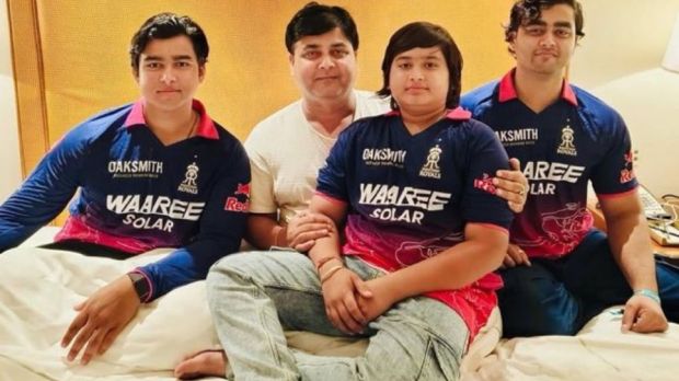 Vaibhav Sooryavanshi with his brothers and father. BCCI has allowed his father and mother to travel with him on the senior team's tour of Ireland and England. Photo: X