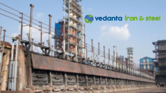 Split digital layout featuring the portrait of billionaire philanthropist Azim Premji on the left and a live stock trading screen showing the listing day price chart of Vedanta Iron and Steel (VISL) on the right.