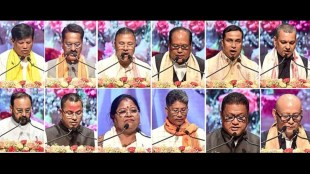 BJP leaders, Top row from left, Ashwini Ray Sarkar, Ashok Singhal, Bimal Borah, Biswajit Daimary, Jayanta Mallabaruah, Kaushik Rai. Second row from left, Keshab Mahanta, Krishnendu Paul, Nilima Devi, Pijush Hazarika, Ranoj Pegu and Sushanta Borgohain take oath as Assam Cabinet Minister during the swearing-in ceremony of ministers-designate in the State Council of Ministers in Guwahati.