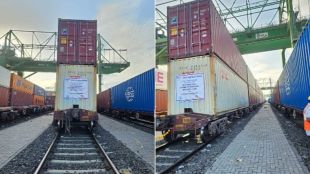 First double stack container rake moves from JNPT through Western Dedicated Freight Corridor by Central Railway.