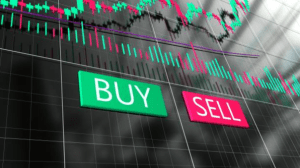 Financial analysts examining multiple monitors displaying stock candlestick patterns and green upward-trending data points during a market correction.