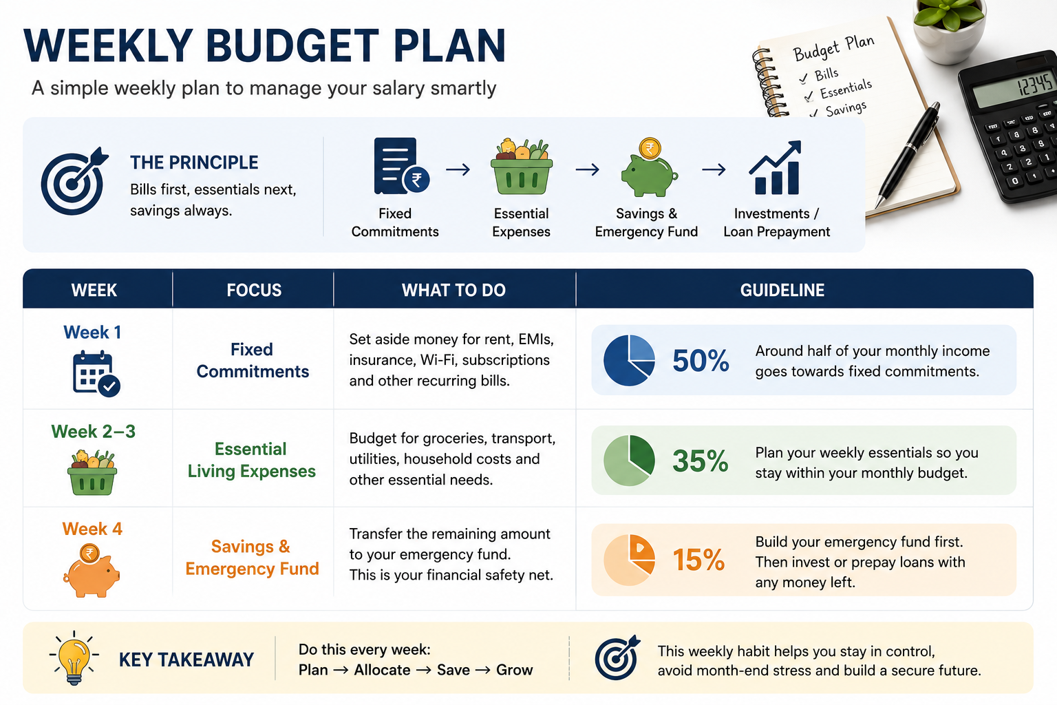 Weekly budget plan created by ChatGPT showing how to manage salary, essential expenses and savings each week