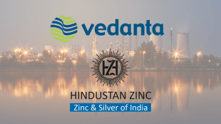 A sleek, high-contrast mining analytics dashboard mapping out international commodities, overlaying a massive silver-and-zinc bar graph titled 'POST-DEMERGER EARNINGS ANCHOR' with an active market ticker tracking 'VEDANTA TARGET: ₹350'.